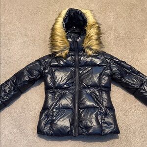 Aqua Black Puffer Jacket with Removable Faux Fur Trim Hood
